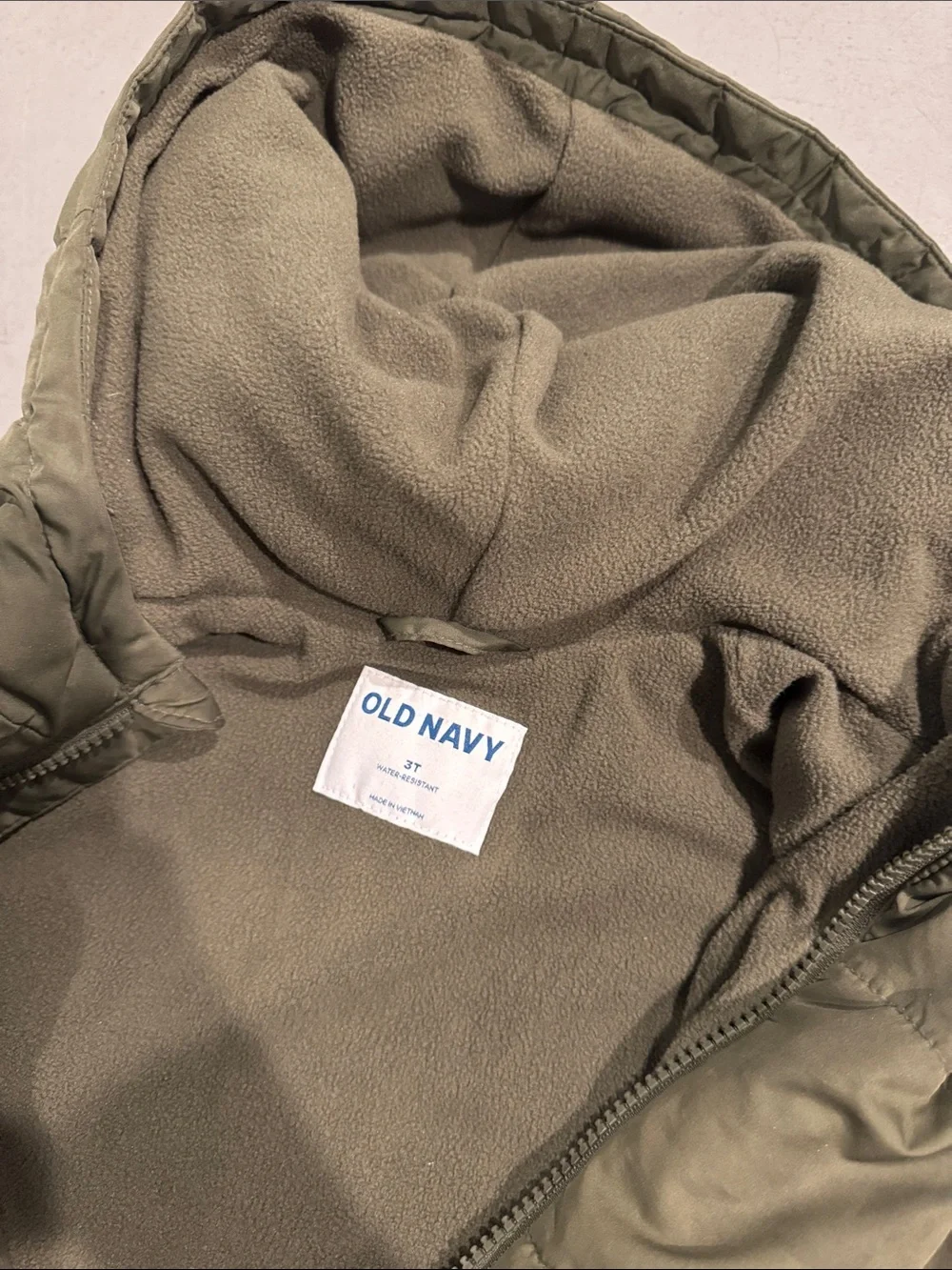 Old Navy Olive Green Toddler Puffer Jacket with Navy Pocket Accents